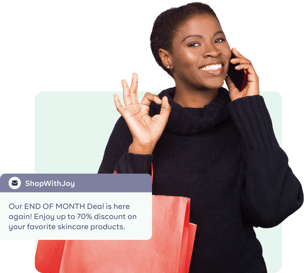 An image of a lady smiling on a call